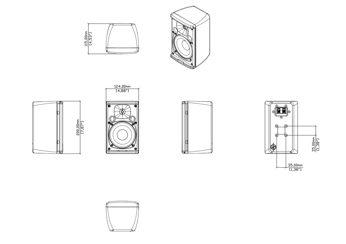 Technical drawing for A40TB - 4" Passive Two-way On-wall Loudspeaker with 70/100V Transformer