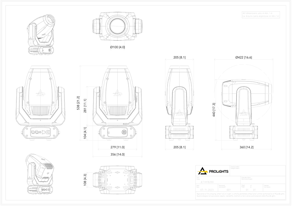 Technical drawing for JETHYB200 - 200W Hybrid Moving head, with 3.5° - 40° zoom and color wheel